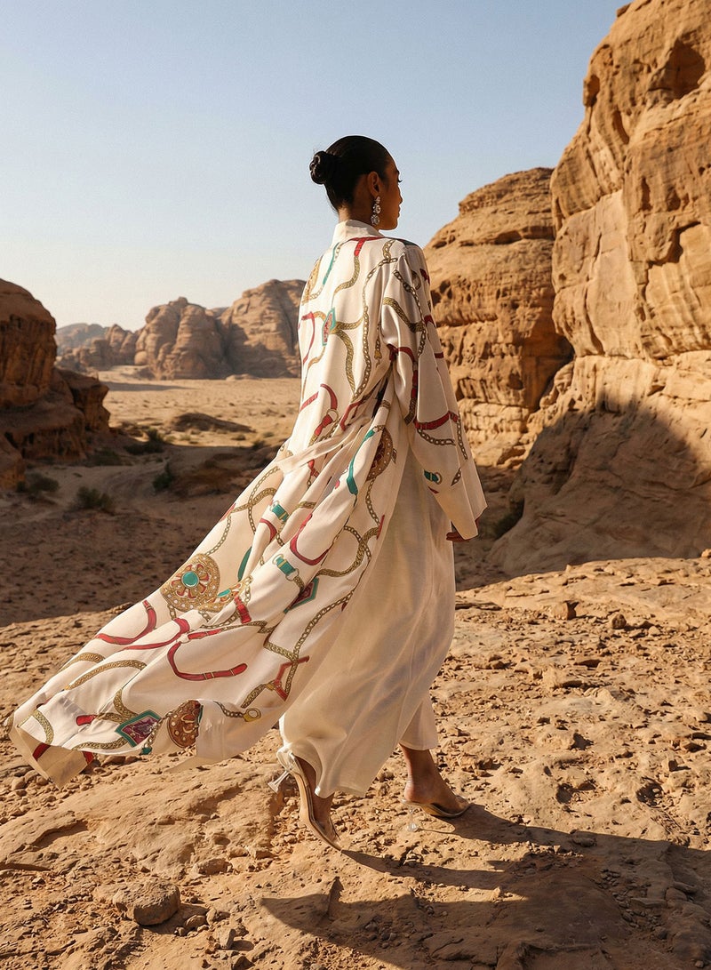 ISHIN Off White  Abstract print layered Abaya with Hijab - Image 5